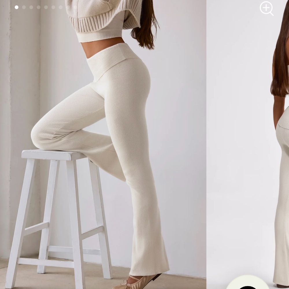 BO & TEE Chunky Knit Foldover Kick Flare Trouser Pants in Cream - Small